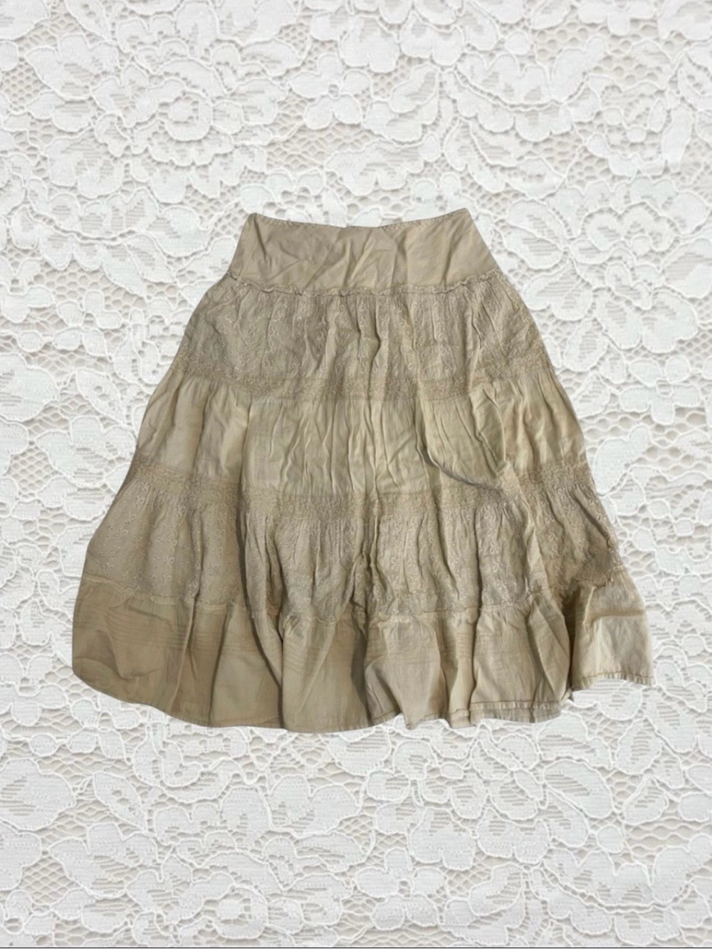 vintage cream embroidered eyelet midi skirt